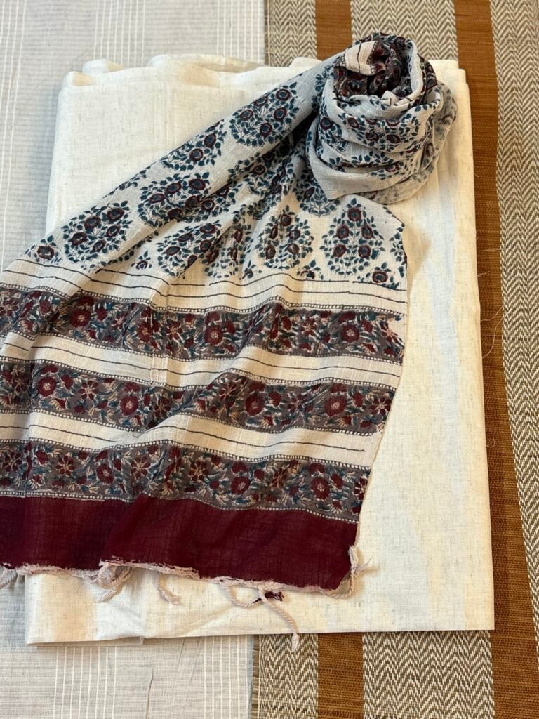 Pure Linen Natural dye Handblock Stole with 5Mtrs Khadi Cotton Fabric by Ikhtirah