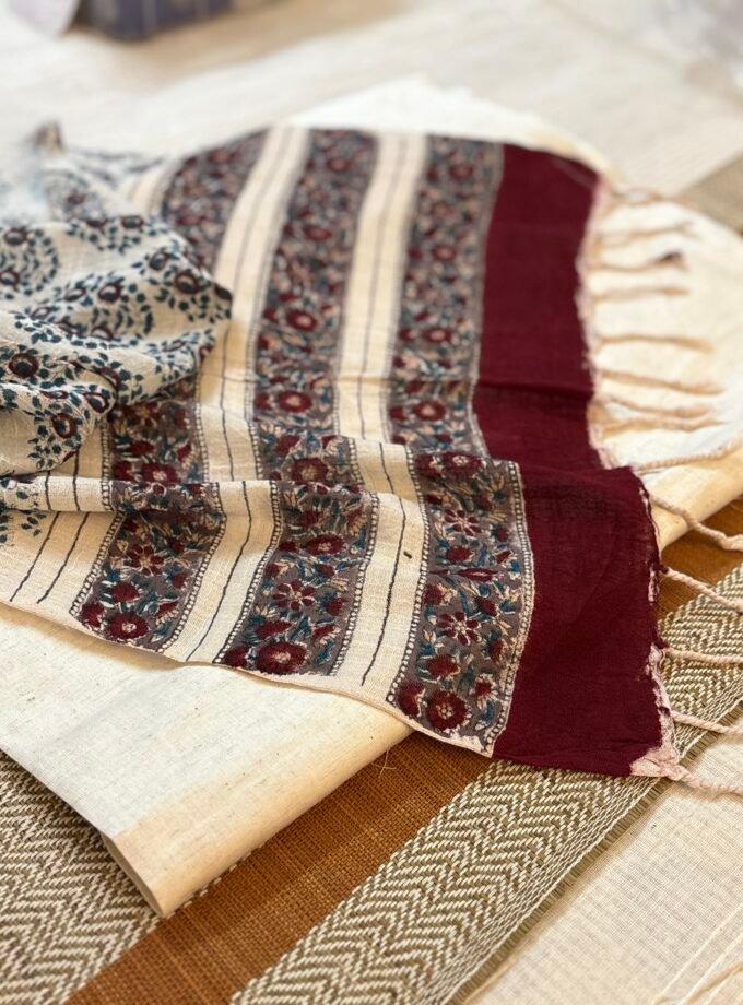 Pure Linen Natural dye Handblock Stole with 5Mtrs Khadi Cotton Fabric by Ikhtirah