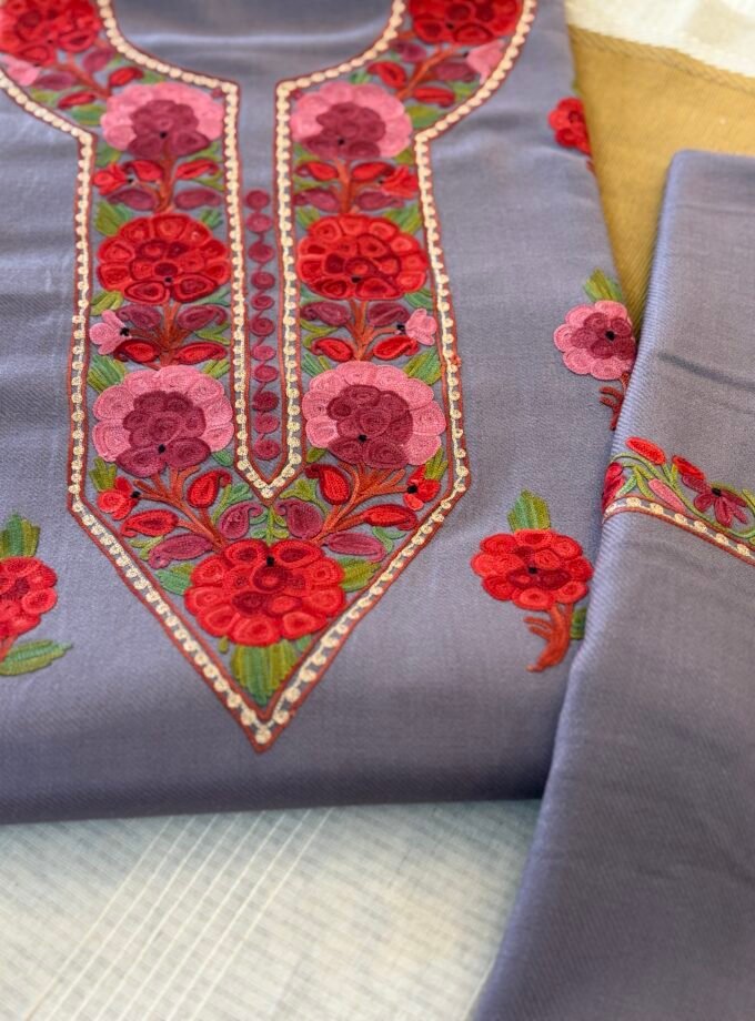 Ruffle Woollen Aari Worked 5Mtrs Salwars by Ikhtirah (lavender)