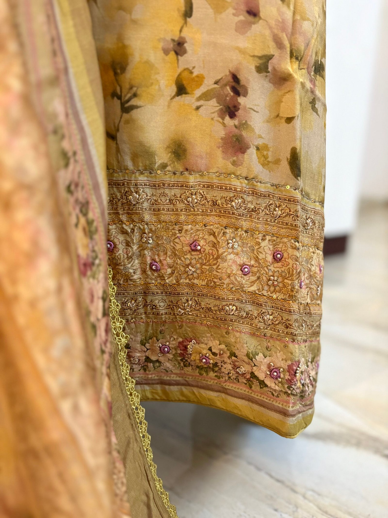 Handworked Floral Muslin Salwars by Ikhtirah - Image 3