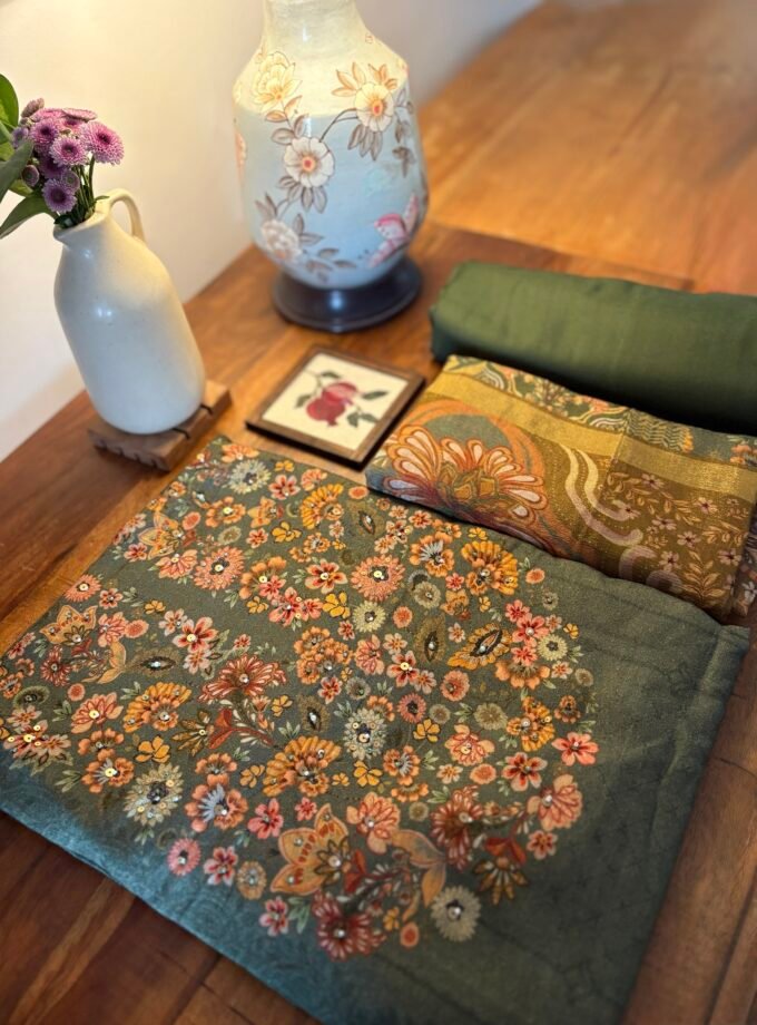 Unstitched Hand Highlighted and Digitally printed Visvose Pashmina Salwar with Chinnon Duppatta by Ikhtirah (Moss Green)