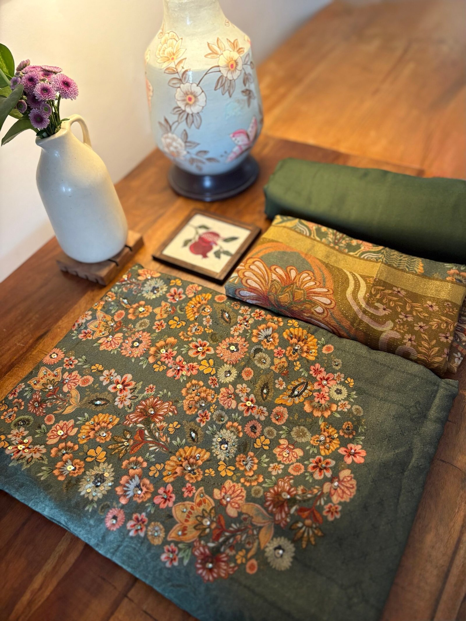 Unstitched Hand Highlighted and Digitally printed Visvose Pashmina Salwar with Chinnon Duppatta by Ikhtirah (Moss Green) - Image 2