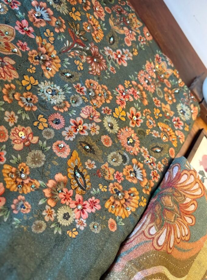 Unstitched Hand Highlighted and Digitally printed Visvose Pashmina Salwar with Chinnon Duppatta by Ikhtirah (Moss Green)