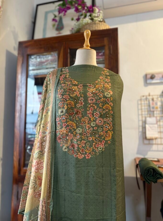 Unstitched Hand Highlighted and Digitally printed Visvose Pashmina Salwar with Chinnon Duppatta by Ikhtirah (Moss Green)