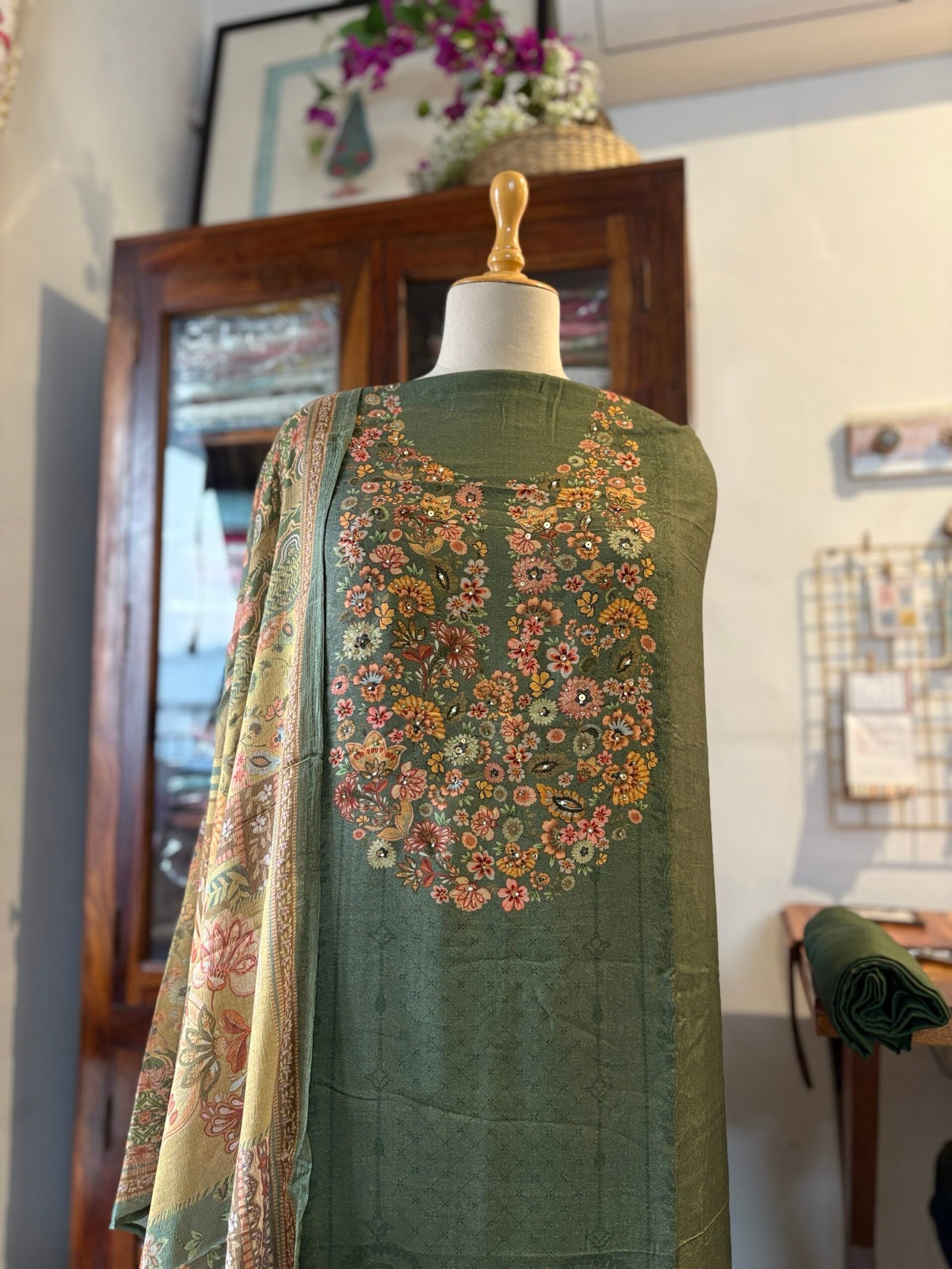 Unstitched Hand Highlighted and Digitally printed Visvose Pashmina Salwar with Chinnon Duppatta by Ikhtirah (Moss Green)