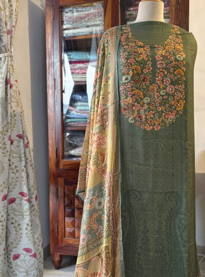 Unstitched Hand Highlighted and Digitally printed Visvose Pashmina Salwar with Chinnon Duppatta by Ikhtirah (Moss Green)