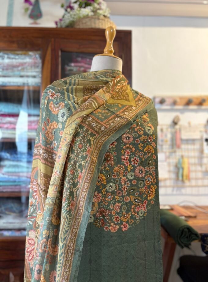 Unstitched Hand Highlighted and Digitally printed Visvose Pashmina Salwar with Chinnon Duppatta by Ikhtirah (Moss Green)