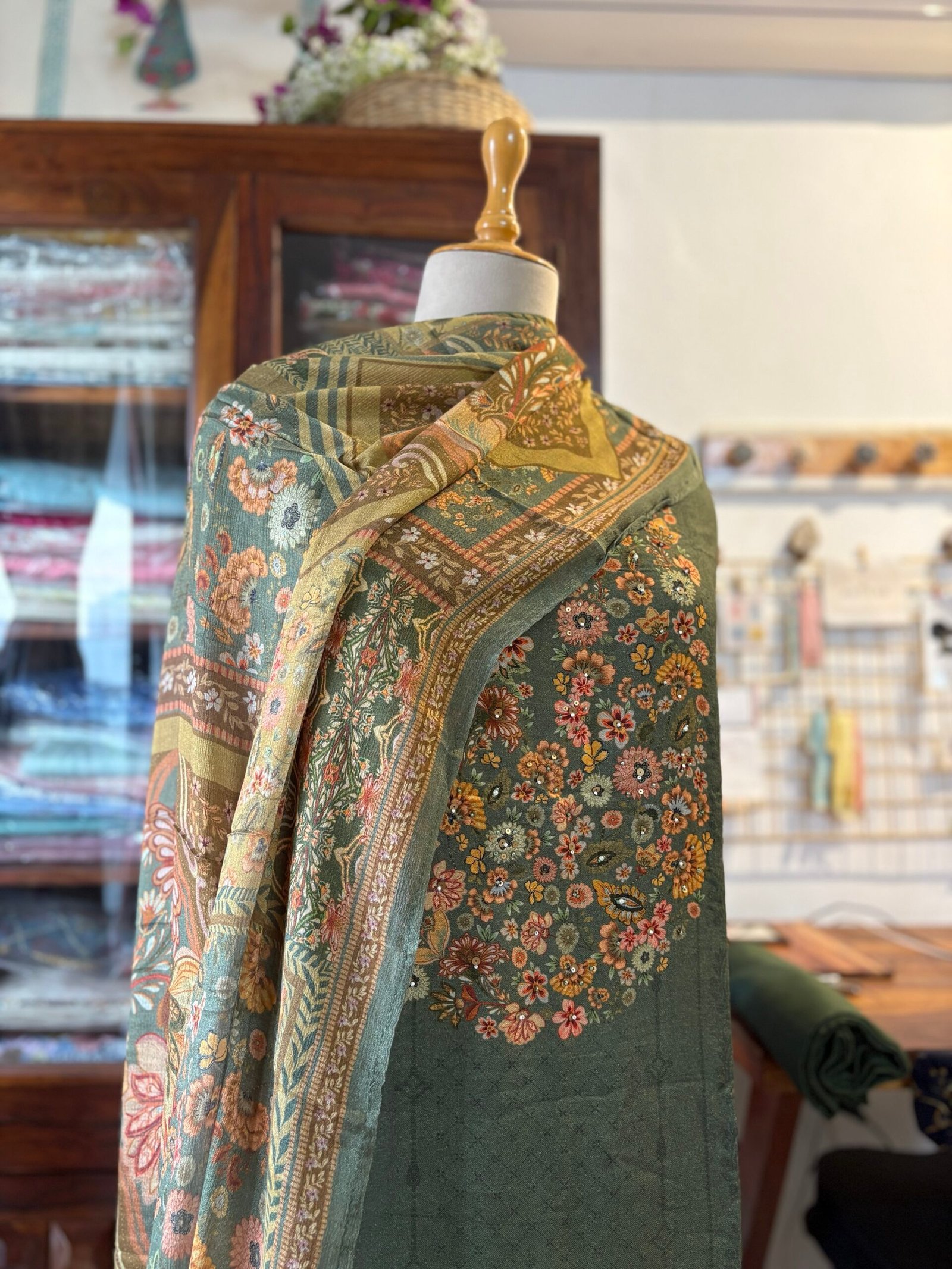 Unstitched Hand Highlighted and Digitally printed Visvose Pashmina Salwar with Chinnon Duppatta by Ikhtirah (Moss Green) - Image 4