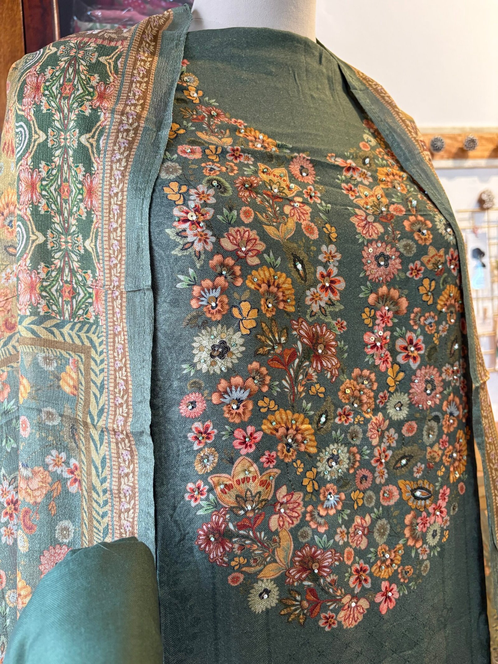 Unstitched Hand Highlighted and Digitally printed Visvose Pashmina Salwar with Chinnon Duppatta by Ikhtirah (Moss Green) - Image 6