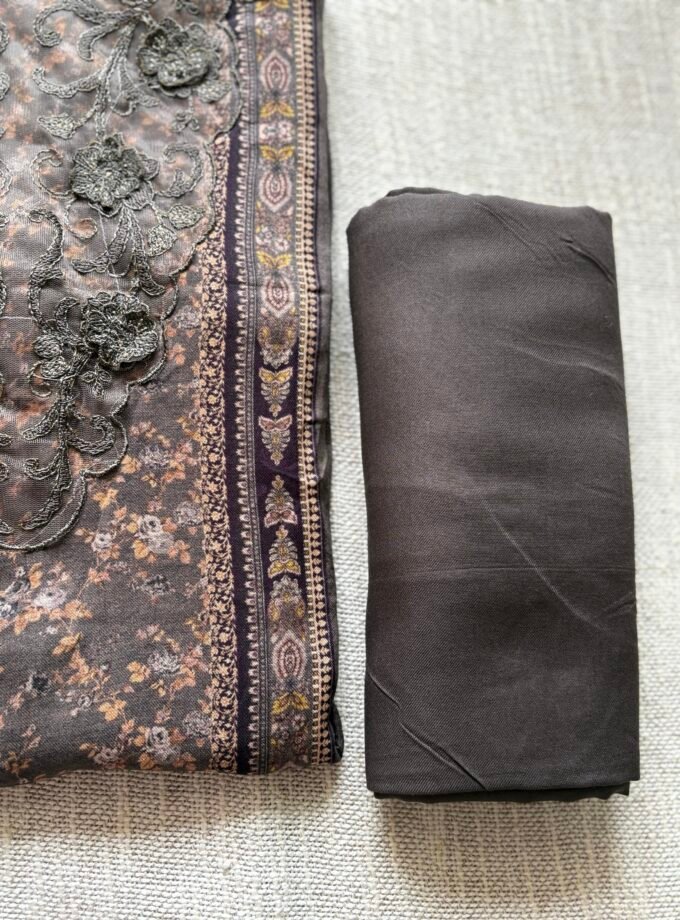 Unstitched Lace Embroidered Digitally printed Viscose Fine Pashmina Salwar by Ikhtirah (Brown with Green undertone)