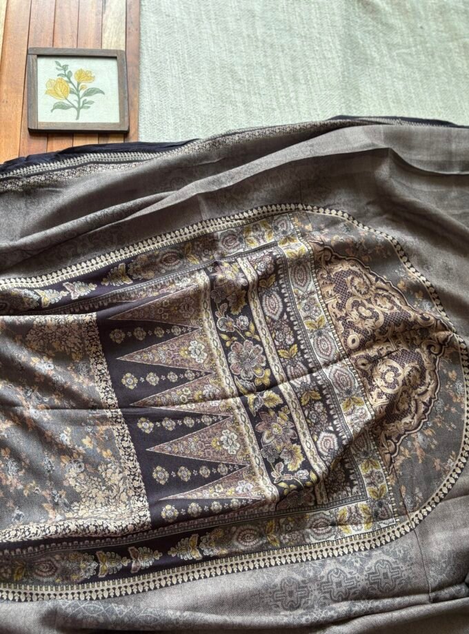 Unstitched Lace Embroidered Digitally printed Viscose Fine Pashmina Salwar by Ikhtirah (Brown with Green undertone)