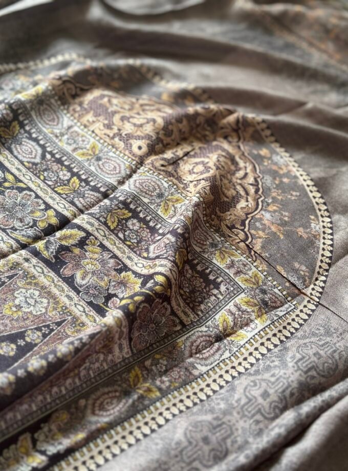 Unstitched Lace Embroidered Digitally printed Viscose Fine Pashmina Salwar by Ikhtirah (Brown with Green undertone)