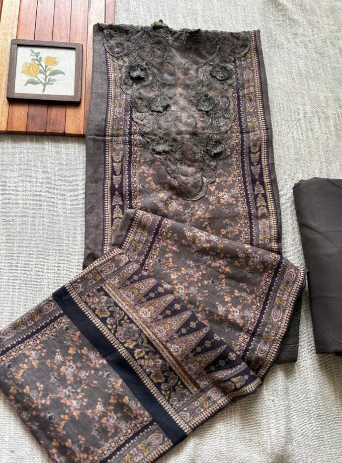 Unstitched Lace Embroidered Digitally printed Viscose Fine Pashmina Salwar by Ikhtirah (Brown with Green undertone)