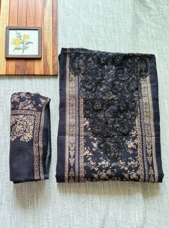 Unstitched Lace Embroidered Digitally printed Viscose Fine Pashmina Salwar by Ikhtirah (Black)