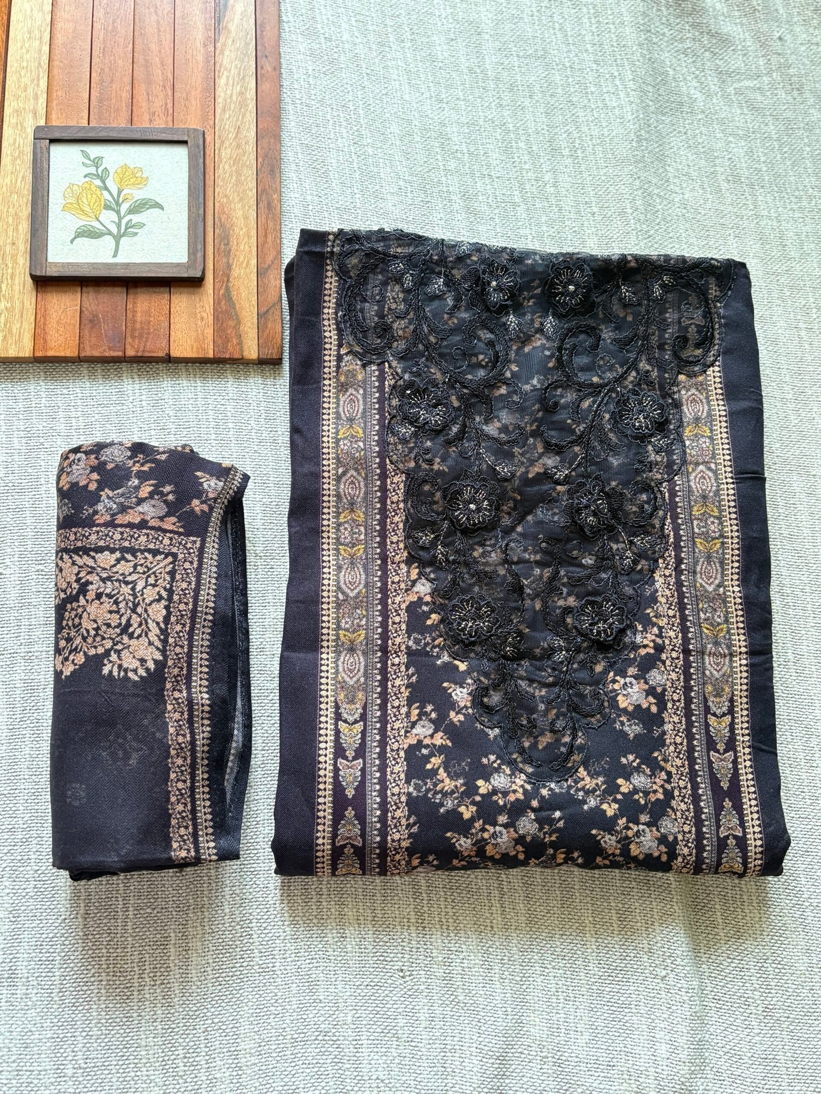 Unstitched Lace Embroidered Digitally printed Viscose Fine Pashmina Salwar by Ikhtirah (Black) - Image 8