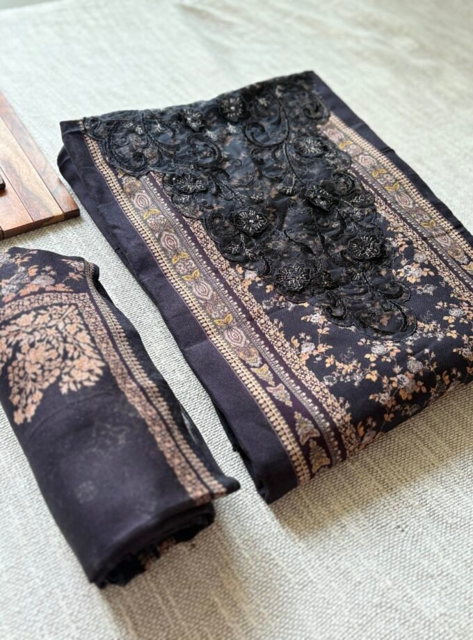 Unstitched Lace Embroidered Digitally printed Viscose Fine Pashmina Salwar by Ikhtirah (Black)