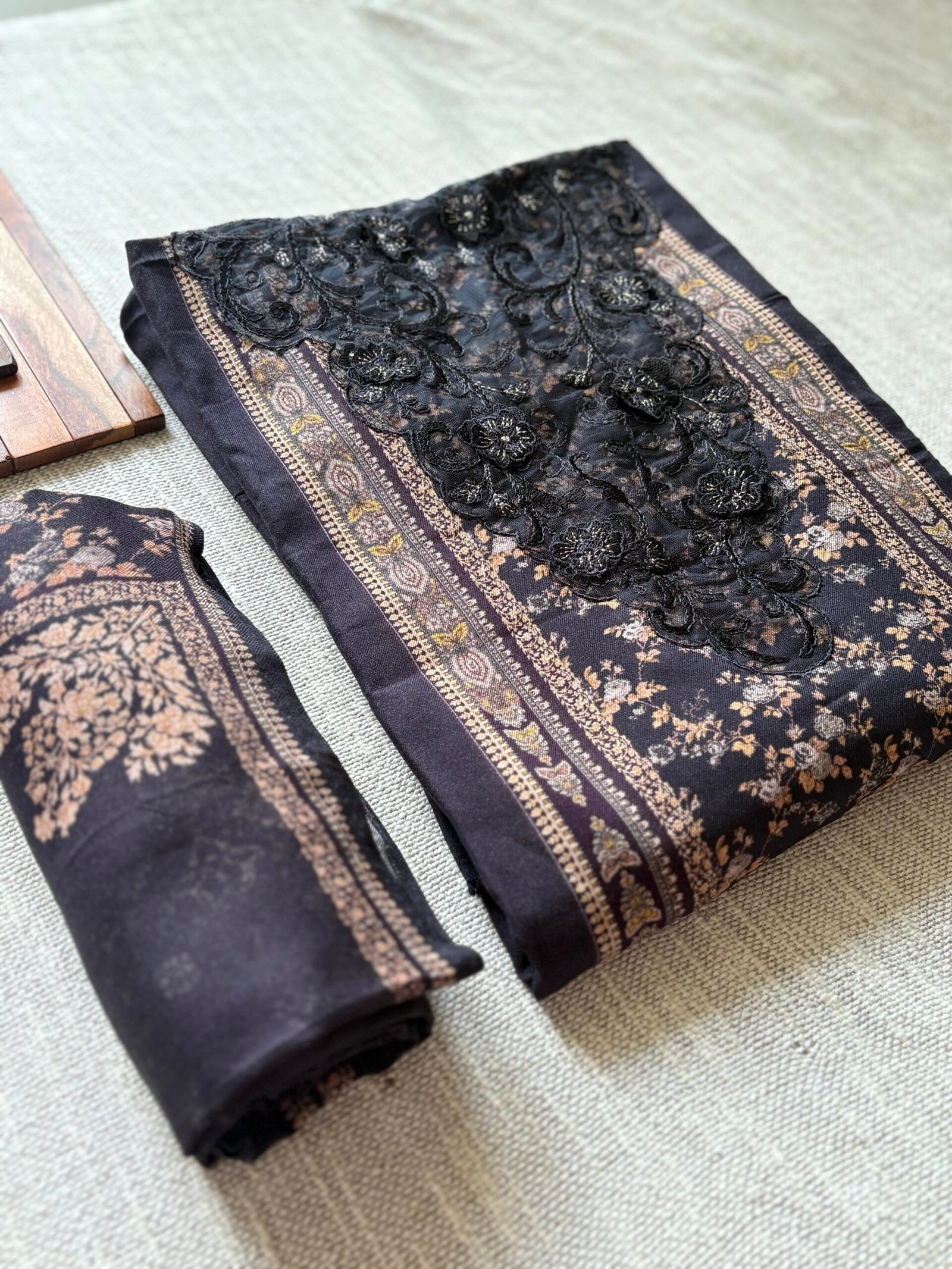 Unstitched Lace Embroidered Digitally printed Viscose Fine Pashmina Salwar by Ikhtirah (Black) - Image 17