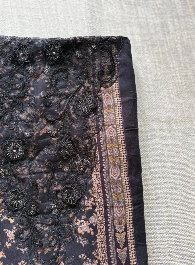 Unstitched Lace Embroidered Digitally printed Viscose Fine Pashmina Salwar by Ikhtirah (Black)
