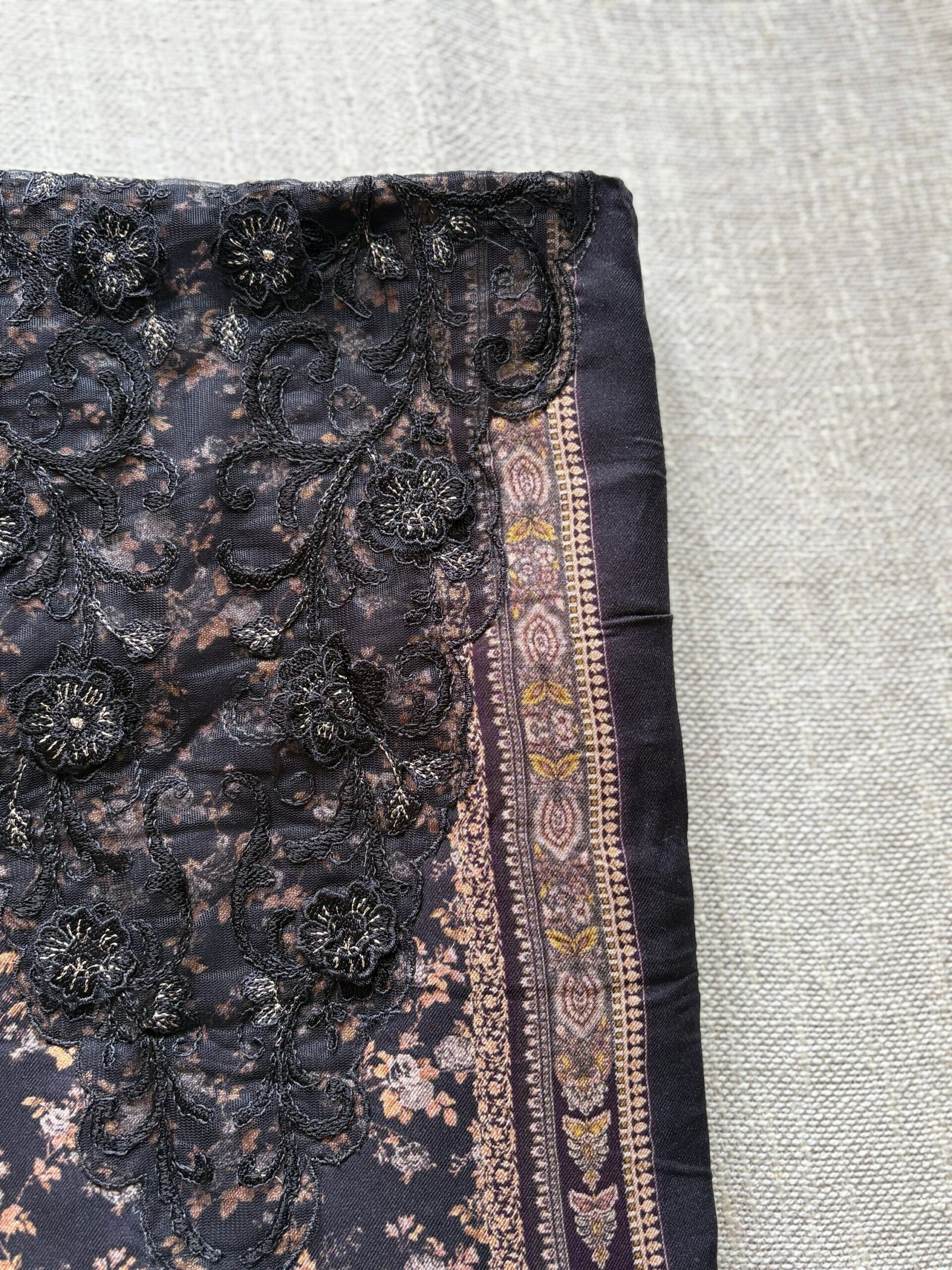 Unstitched Lace Embroidered Digitally printed Viscose Fine Pashmina Salwar by Ikhtirah (Black) - Image 16