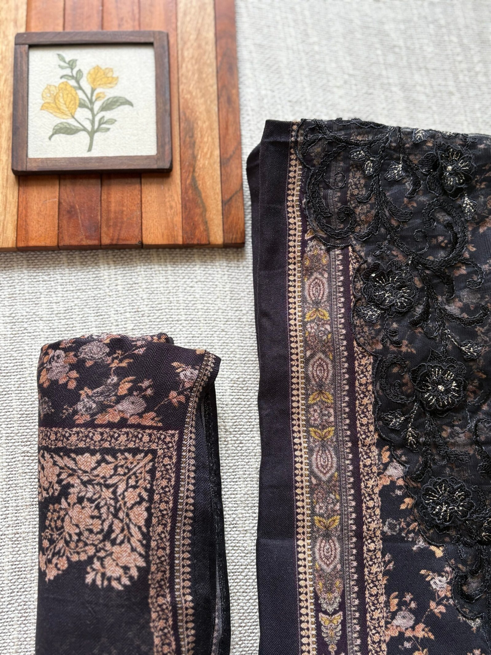 Unstitched Lace Embroidered Digitally printed Viscose Fine Pashmina Salwar by Ikhtirah (Black) - Image 15