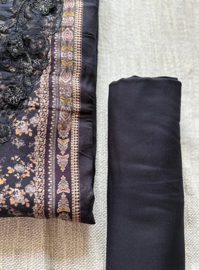 Unstitched Lace Embroidered Digitally printed Viscose Fine Pashmina Salwar by Ikhtirah (Black)