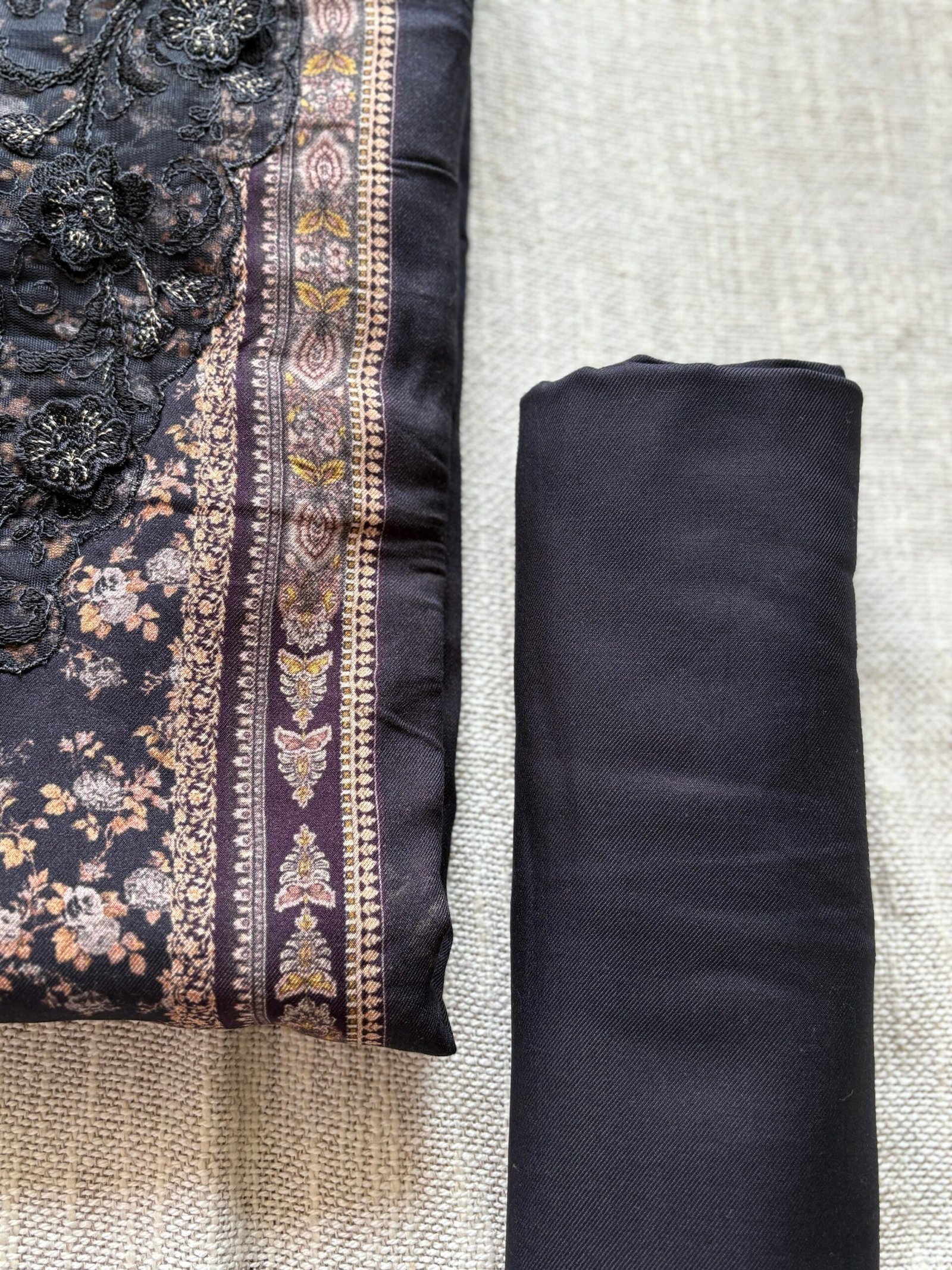 Unstitched Lace Embroidered Digitally printed Viscose Fine Pashmina Salwar by Ikhtirah (Black) - Image 13