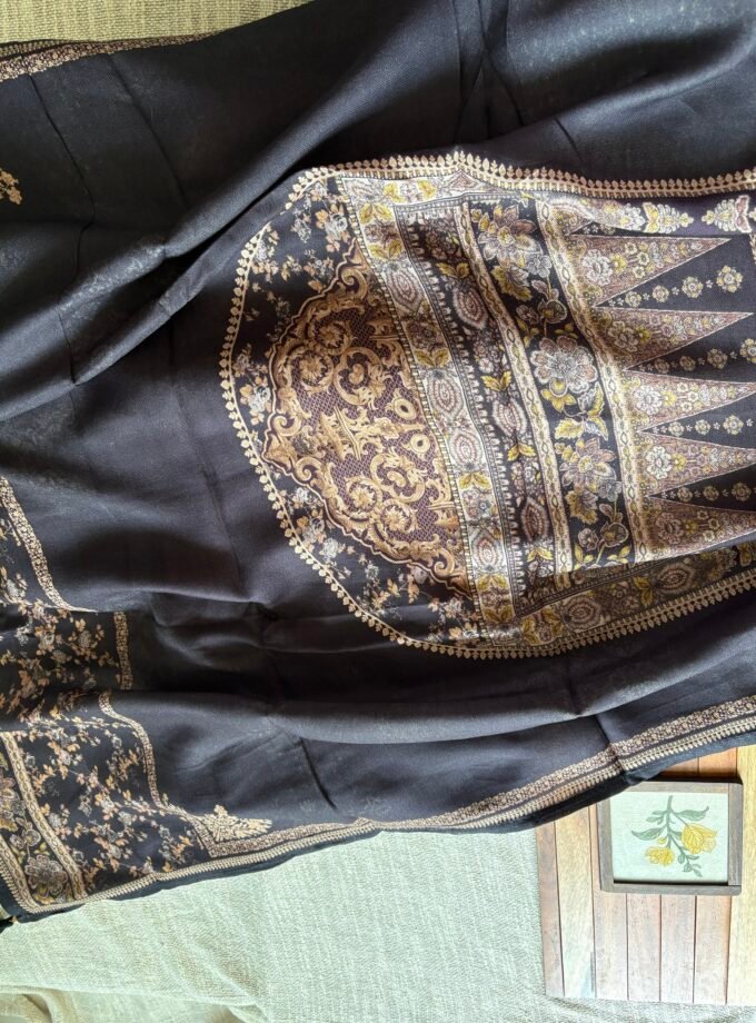 Unstitched Lace Embroidered Digitally printed Viscose Fine Pashmina Salwar by Ikhtirah (Black)