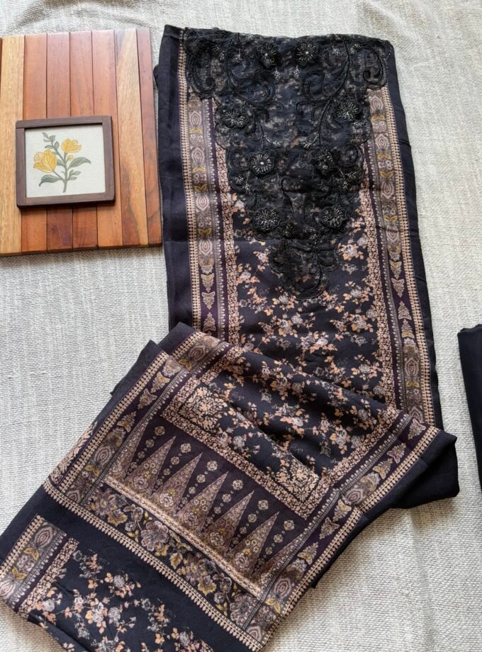 Unstitched Lace Embroidered Digitally printed Viscose Fine Pashmina Salwar by Ikhtirah (Black)