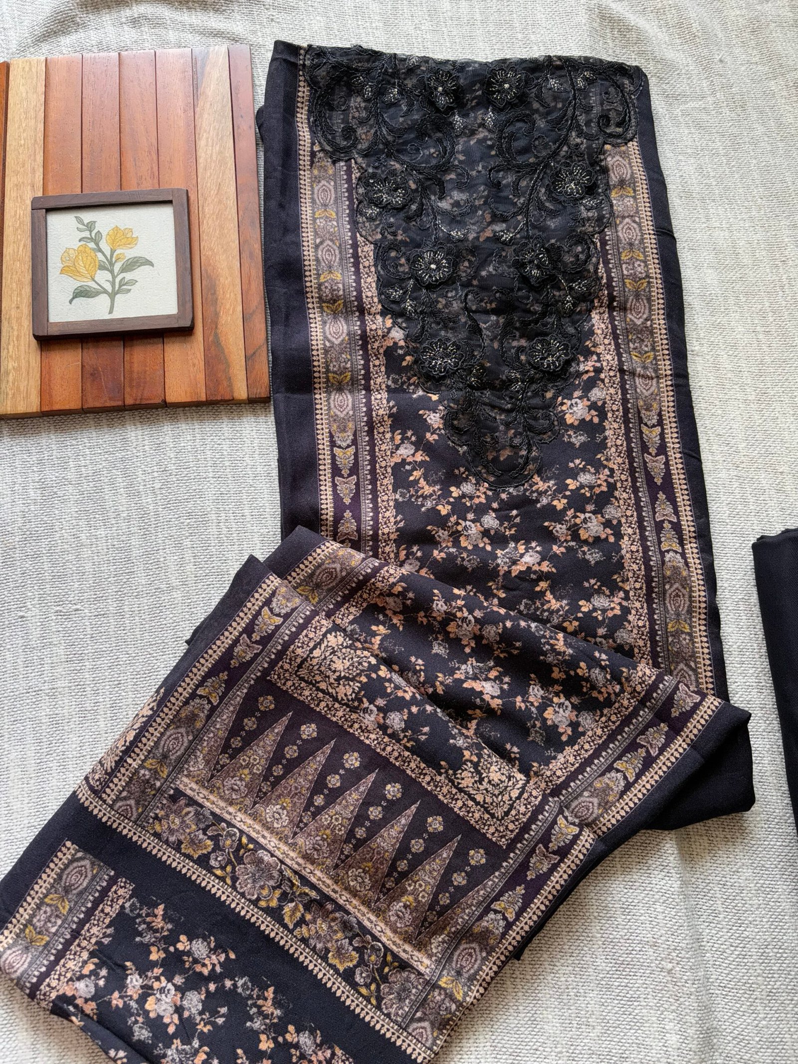 Unstitched Lace Embroidered Digitally printed Viscose Fine Pashmina Salwar by Ikhtirah (Black) - Image 9