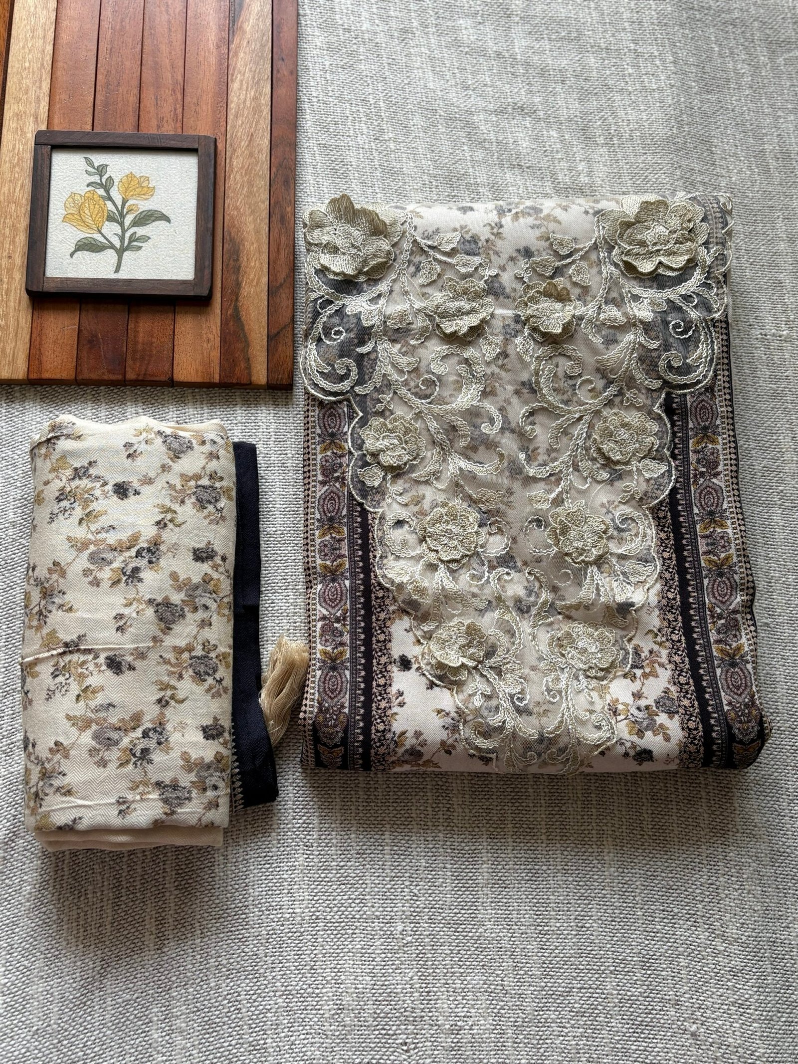 Unstitched Lace Embroidered Digitally printed Viscose Fine Pashmina Salwar by Ikhtirah (Ivory) - Image 2