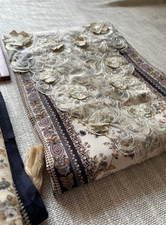 Unstitched Lace Embroidered Digitally printed Viscose Fine Pashmina Salwar by Ikhtirah (Ivory)
