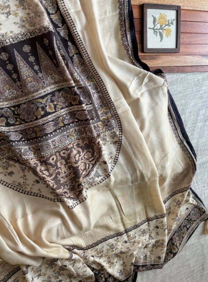 Unstitched Lace Embroidered Digitally printed Viscose Fine Pashmina Salwar by Ikhtirah (Ivory)