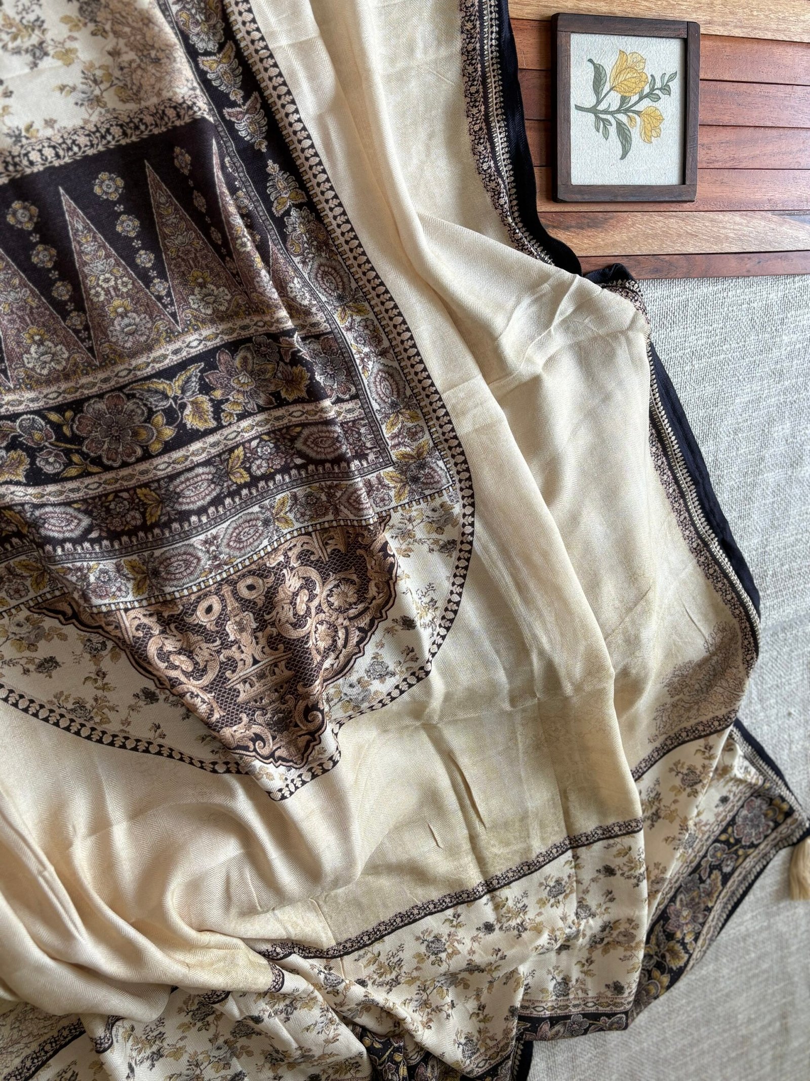 Unstitched Lace Embroidered Digitally printed Viscose Fine Pashmina Salwar by Ikhtirah (Ivory) - Image 5