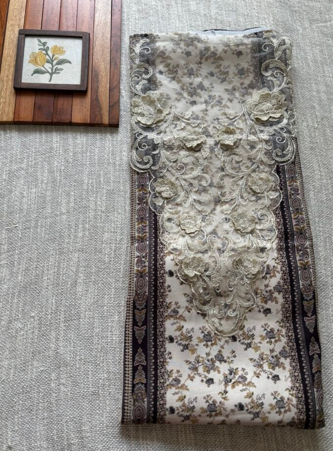 Unstitched Lace Embroidered Digitally printed Viscose Fine Pashmina Salwar by Ikhtirah (Ivory)