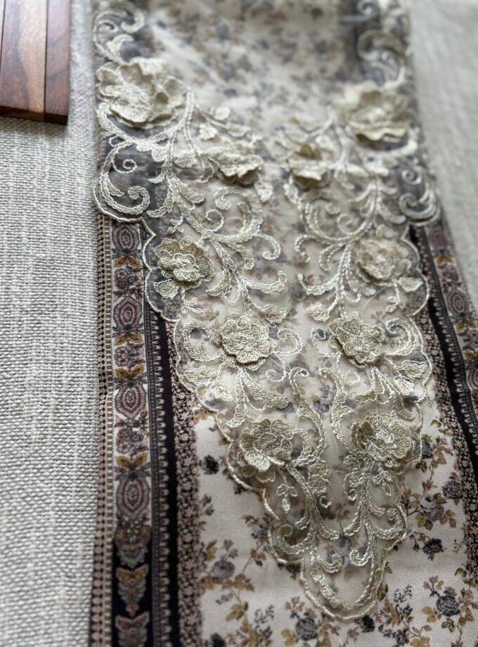 Unstitched Lace Embroidered Digitally printed Viscose Fine Pashmina Salwar by Ikhtirah (Ivory)