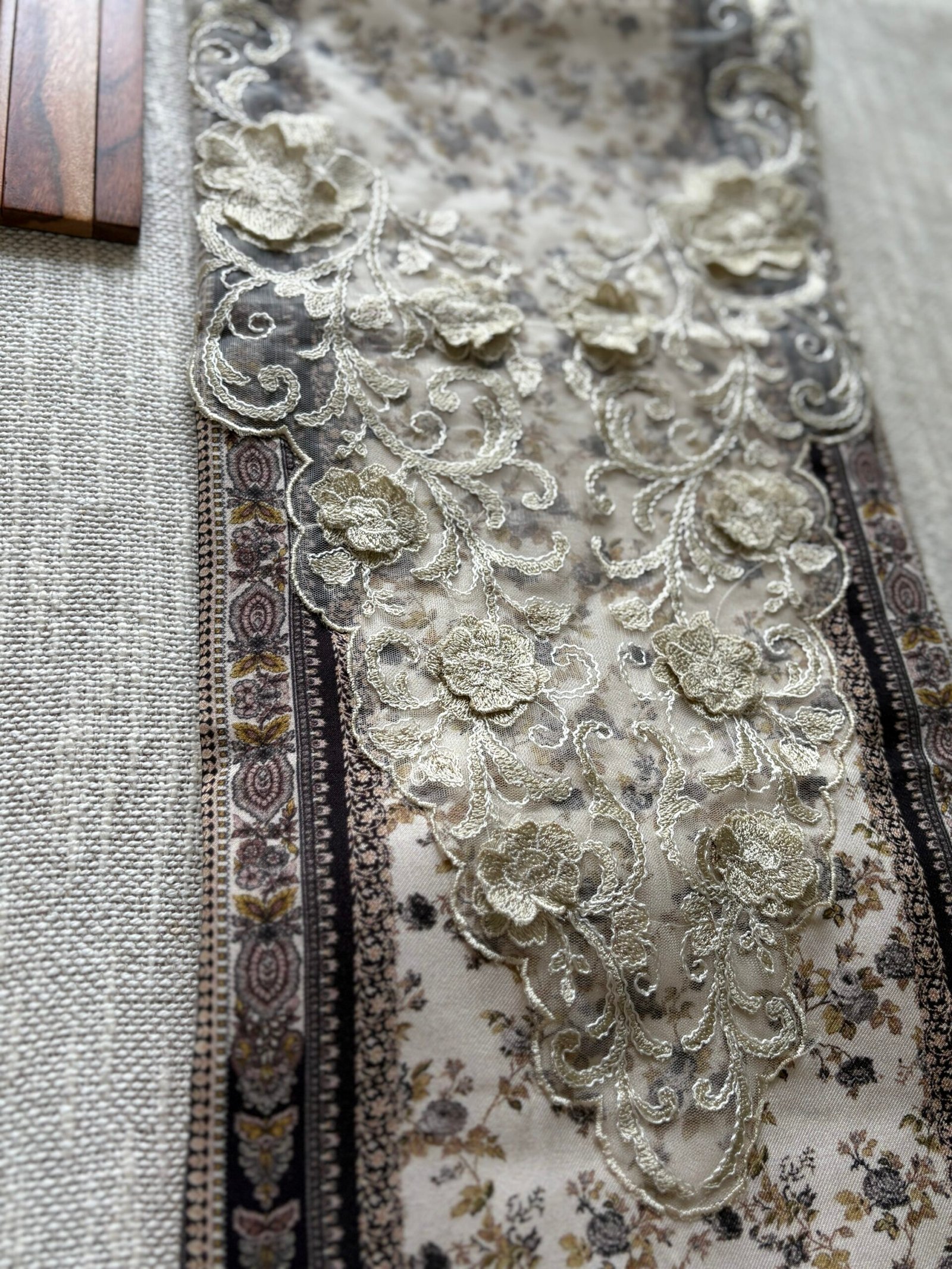 Unstitched Lace Embroidered Digitally printed Viscose Fine Pashmina Salwar by Ikhtirah (Ivory) - Image 8