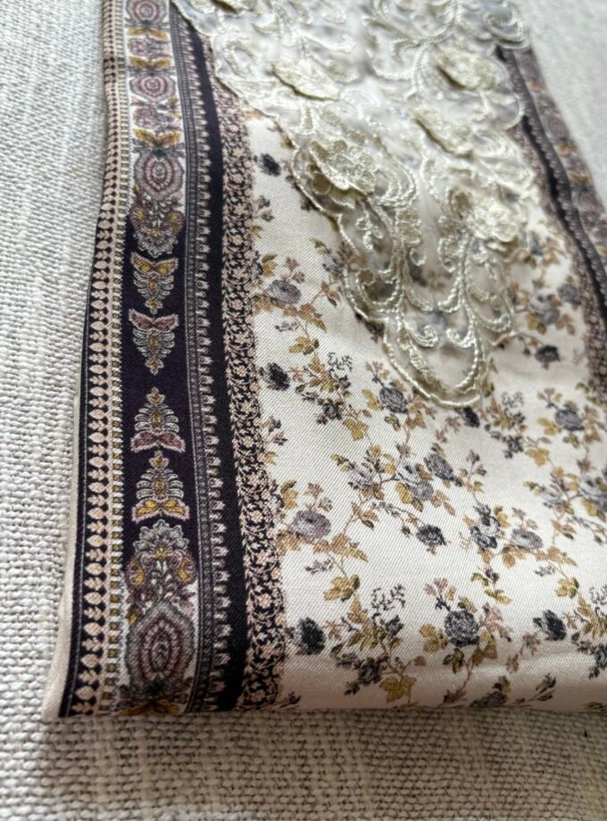 Unstitched Lace Embroidered Digitally printed Viscose Fine Pashmina Salwar by Ikhtirah (Ivory)