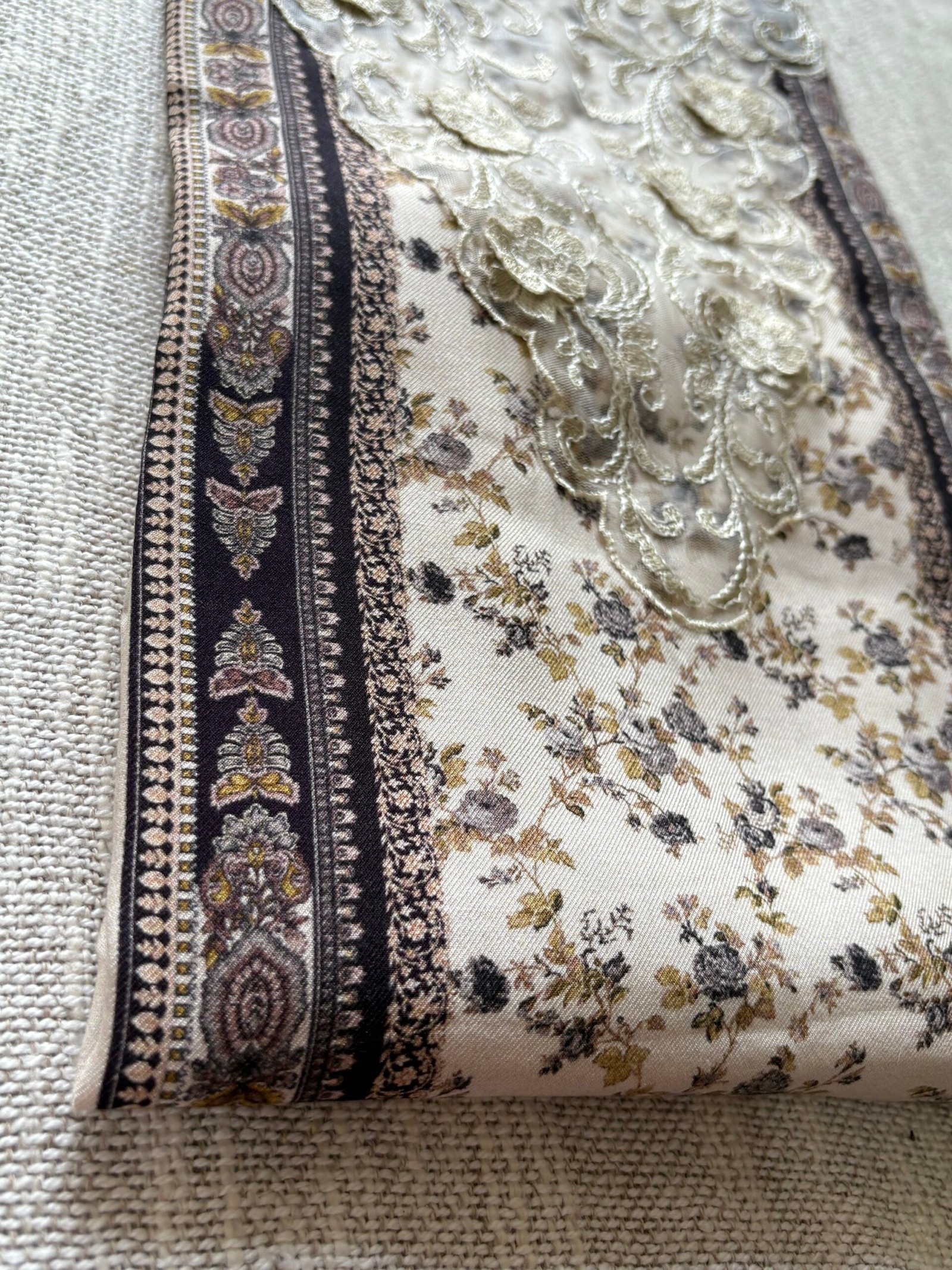 Unstitched Lace Embroidered Digitally printed Viscose Fine Pashmina Salwar by Ikhtirah (Ivory) - Image 7