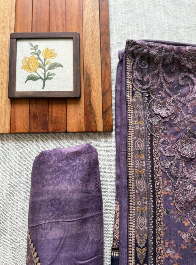 Unstitched Lace Embroidered Digitally printed Viscose Fine Pashmina Salwar by Ikhtirah (Lavender)