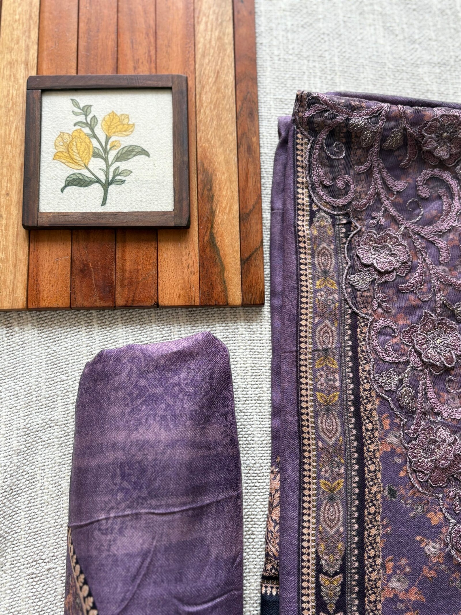 Unstitched Lace Embroidered Digitally printed Viscose Fine Pashmina Salwar by Ikhtirah (Lavender) - Image 7