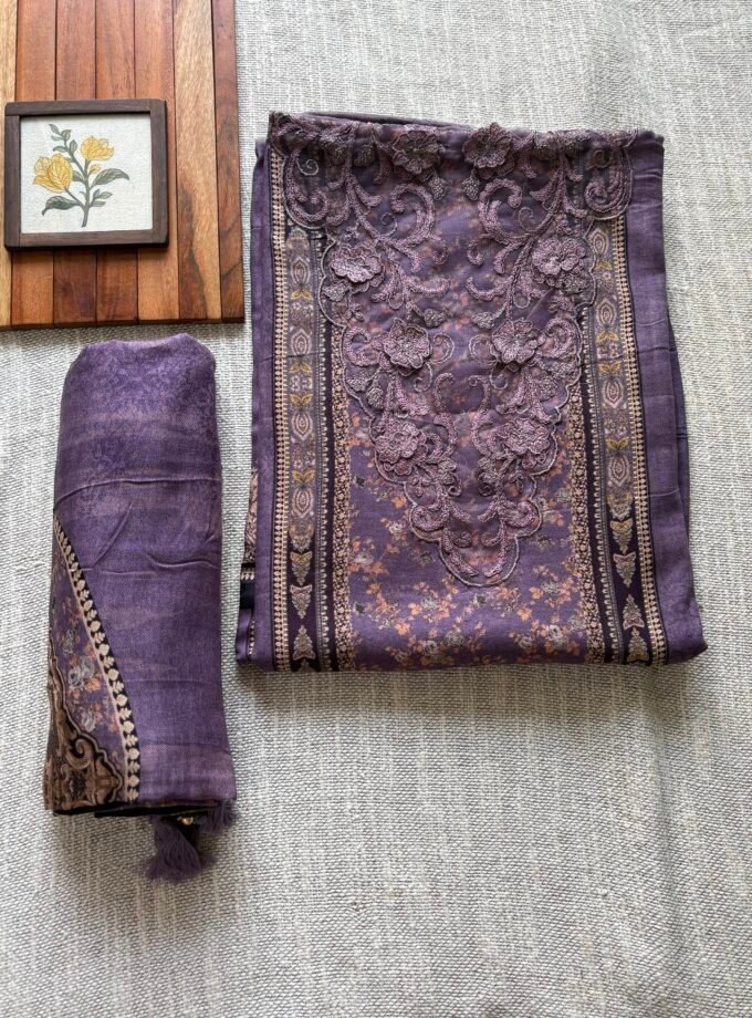 Unstitched Lace Embroidered Digitally printed Viscose Fine Pashmina Salwar by Ikhtirah (Lavender)