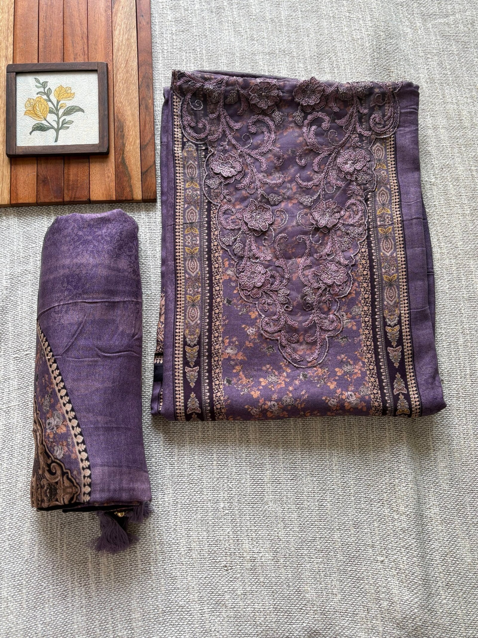 Unstitched Lace Embroidered Digitally printed Viscose Fine Pashmina Salwar by Ikhtirah (Lavender) - Image 3