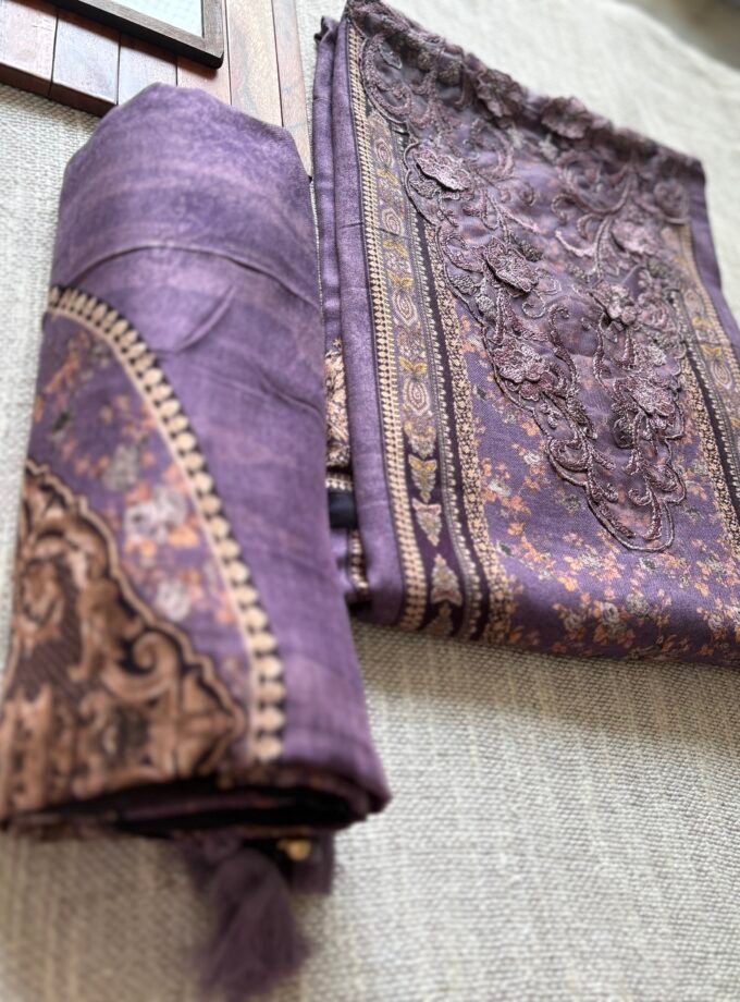 Unstitched Lace Embroidered Digitally printed Viscose Fine Pashmina Salwar by Ikhtirah (Lavender)