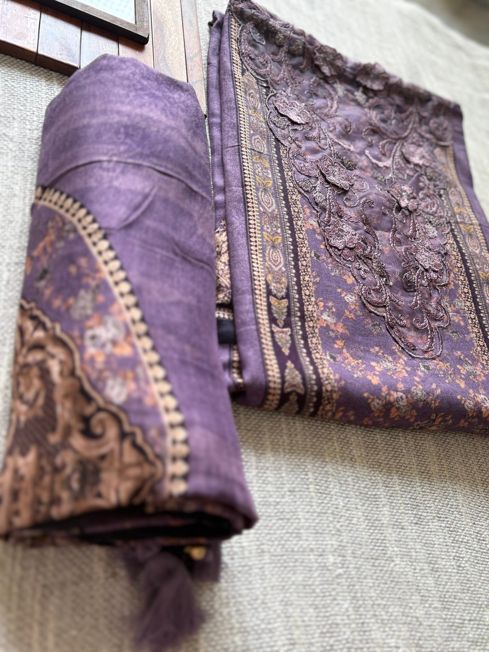 Unstitched Lace Embroidered Digitally printed Viscose Fine Pashmina Salwar by Ikhtirah (Lavender) - Image 13