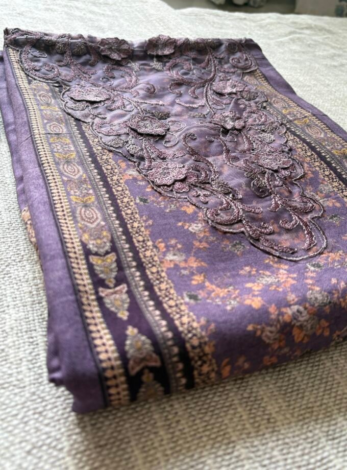 Unstitched Lace Embroidered Digitally printed Viscose Fine Pashmina Salwar by Ikhtirah (Lavender)