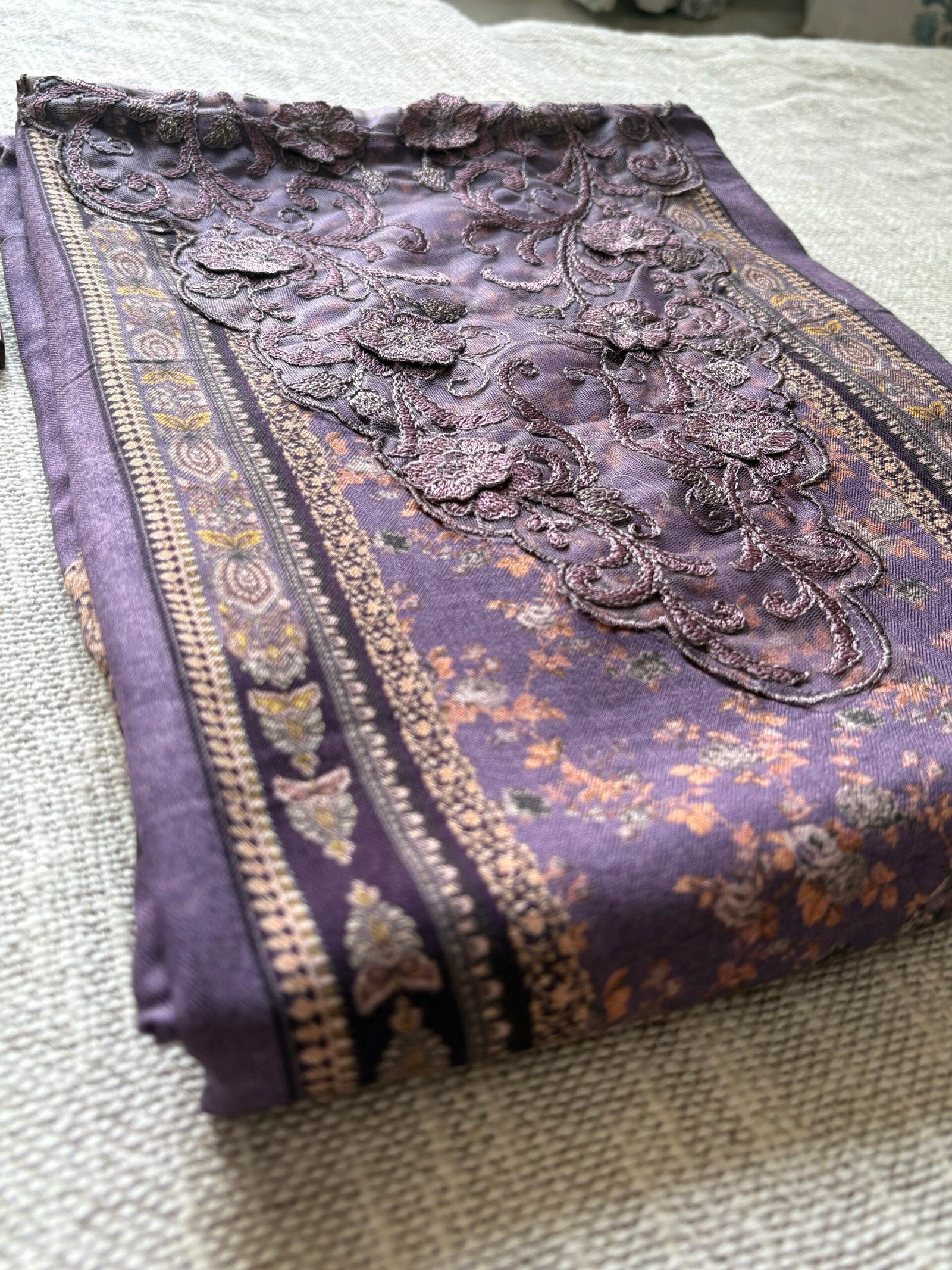Unstitched Lace Embroidered Digitally printed Viscose Fine Pashmina Salwar by Ikhtirah (Lavender) - Image 12