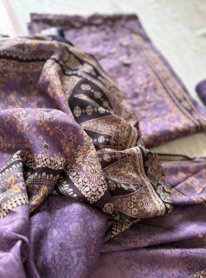 Unstitched Lace Embroidered Digitally printed Viscose Fine Pashmina Salwar by Ikhtirah (Lavender)