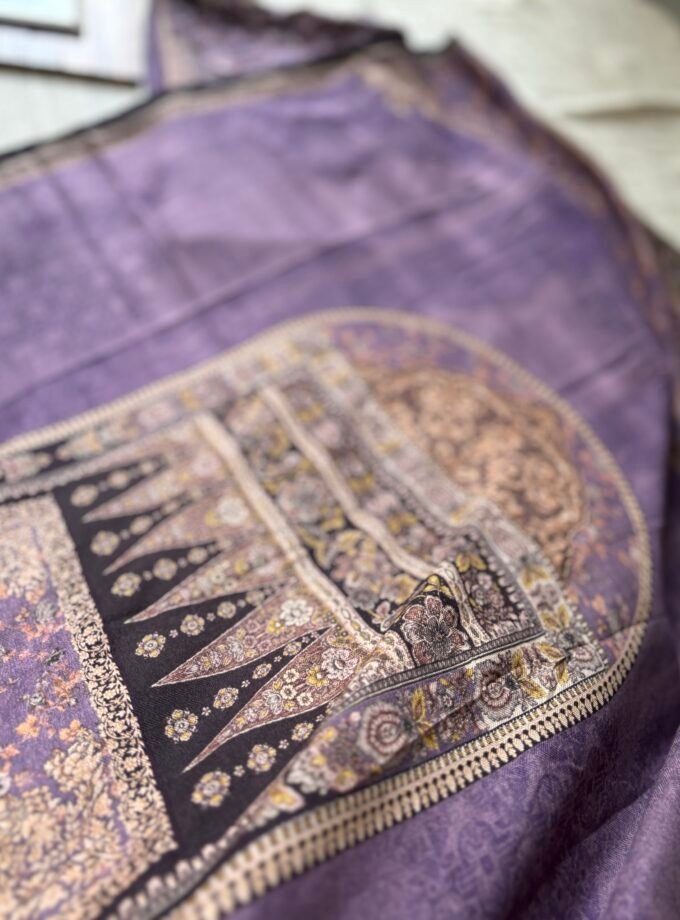 Unstitched Lace Embroidered Digitally printed Viscose Fine Pashmina Salwar by Ikhtirah (Lavender)