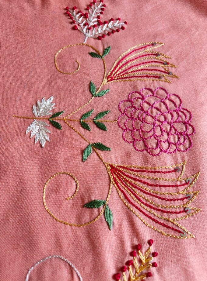 HandEmbroidered Pure Cotton Slub Salwar by Ikhtirah (Peach)