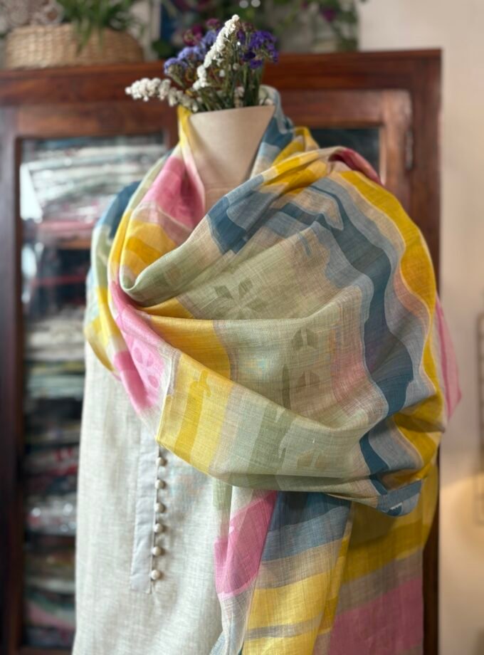 Hand Painted and Highlighted Cotton Linen Salwar by Ikhtirah
